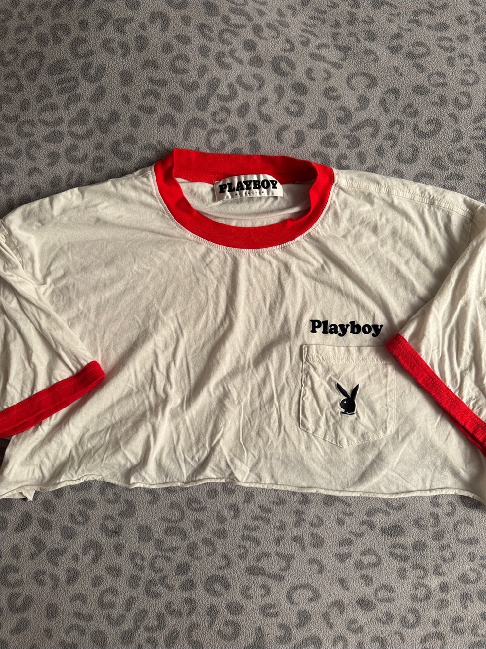 PLAYBOY White Crop Ringer Tee with Red Trim